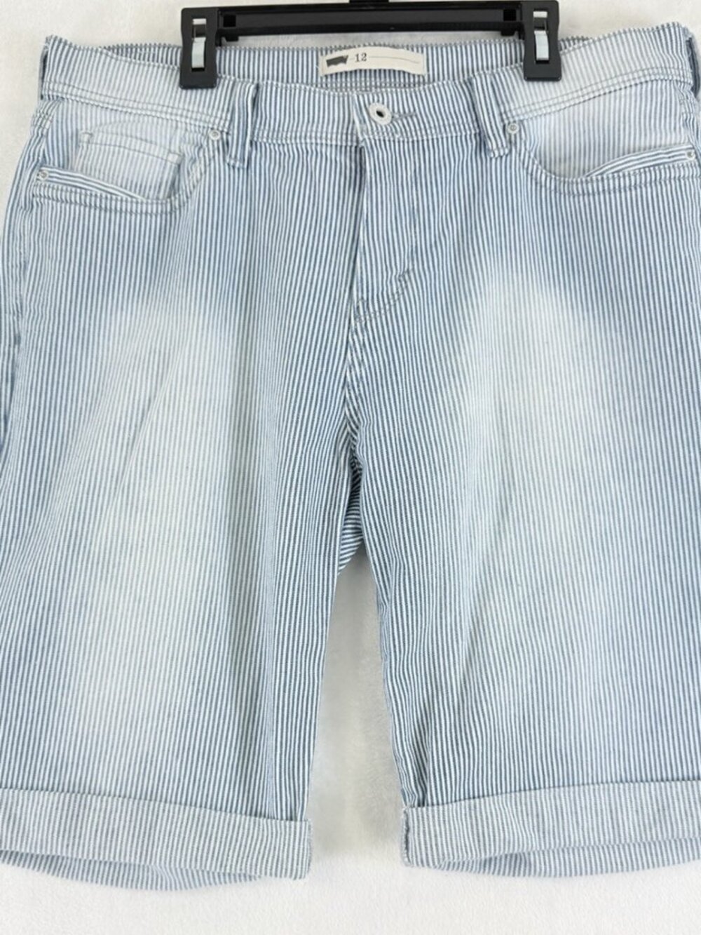 Levis Jean Shorts Women 12 Denim Light Blue White Striped 11 Bermuda Roll Hem